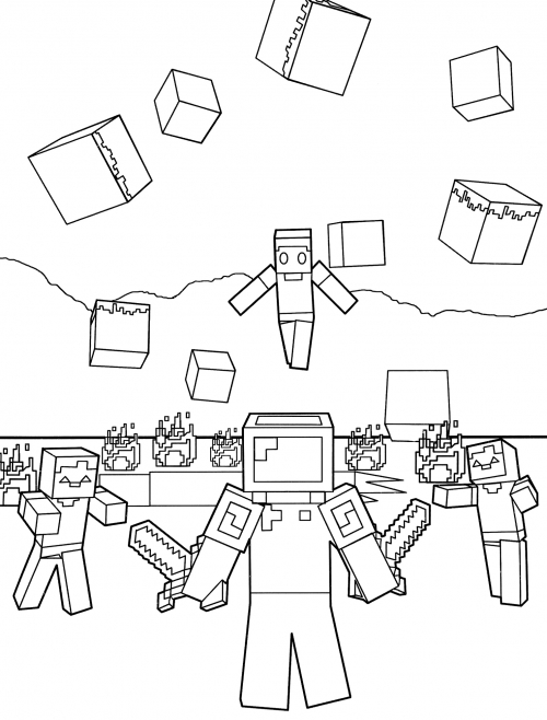 Steve against the evil mobs coloring page