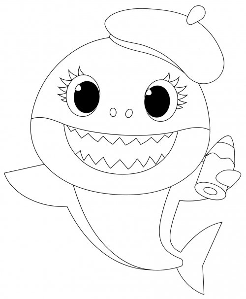 Mum shark with a pencil coloring page