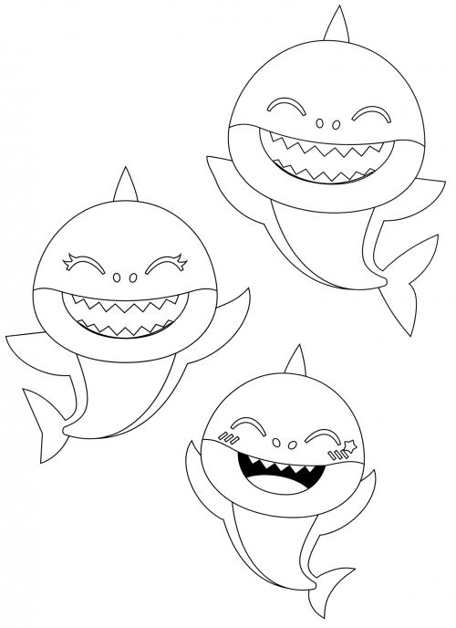 Merry family of sharks coloring page