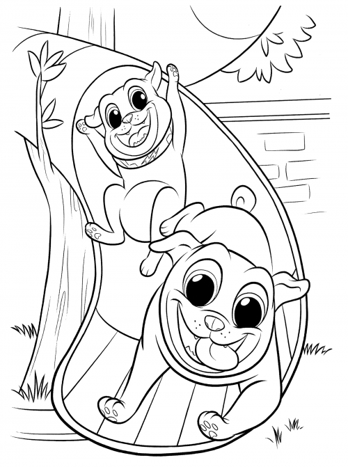 Puppies on the slide coloring page