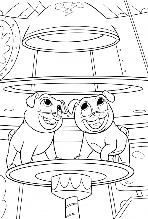 Puppies in a strange car coloring page