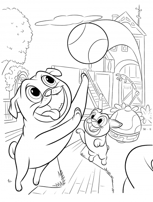 Puppies playing with a ball coloring page