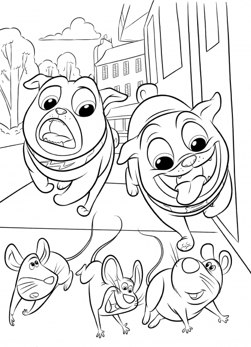 Puppies chasing rats coloring page