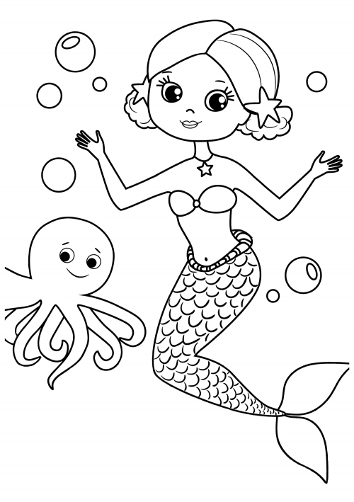 Mermaid and octopus coloring page