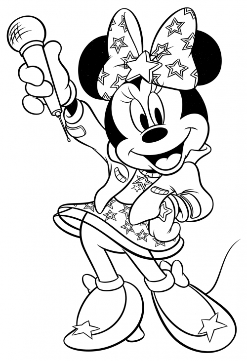Minnie Mouse with a microphone coloring page