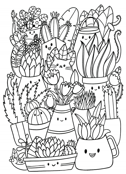 Plants in funny pots coloring page