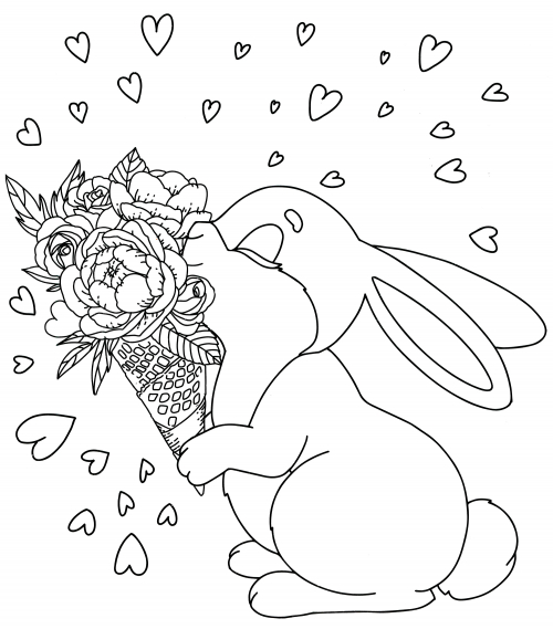 Bunny with bouquet of flowers coloring page