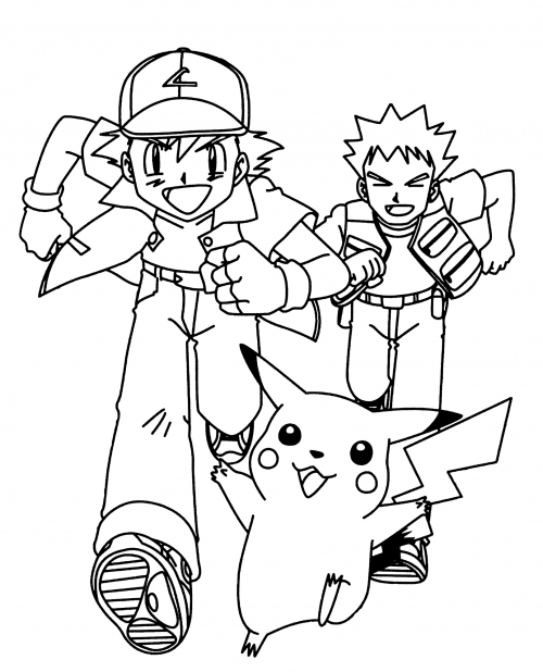 Ash, Brock and Pikachu coloring page