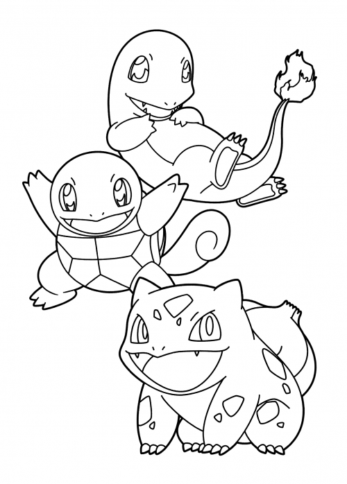 Bulbasaur, Charmander and Squirtle coloring page