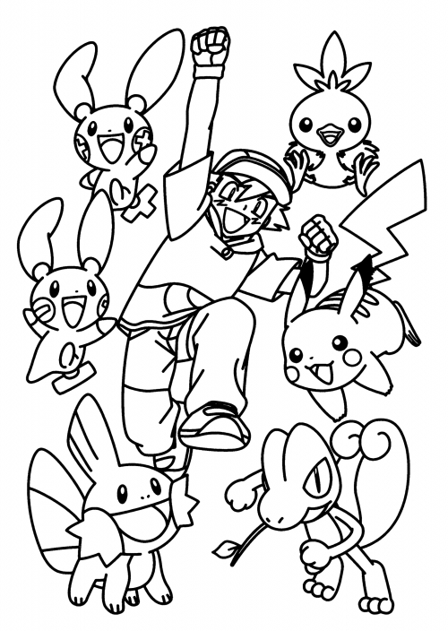 Ash with Pokemon coloring page