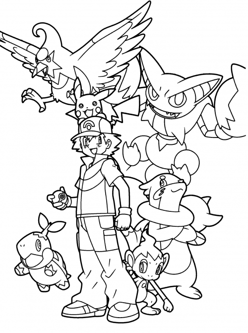Ash is holding a pokeball coloring page