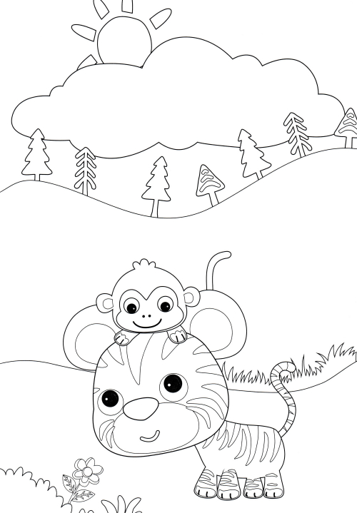 Tiger cub with monkey coloring page