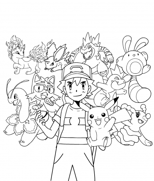 Ash with Pikachu and other Pokemon coloring page