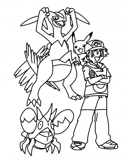 Happy Ash and Pokemon coloring page