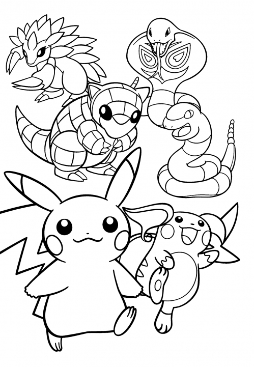 Evolution of Pikachu, Ekans and Sandshrew coloring page
