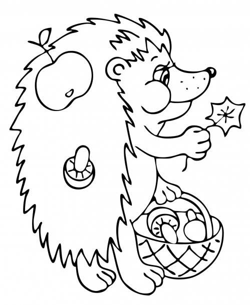 Hedgehog picking mushrooms coloring page