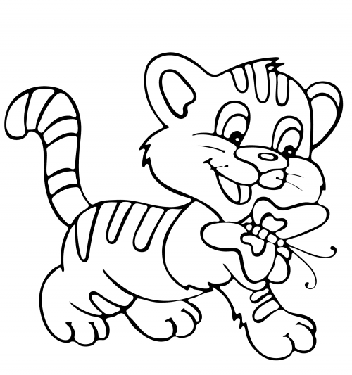 Tiger playing with a butterfly coloring page