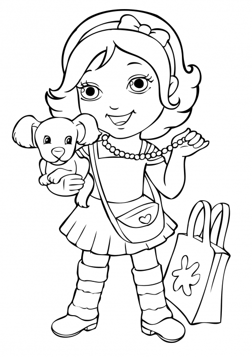 Girl with a purse and a dog coloring page