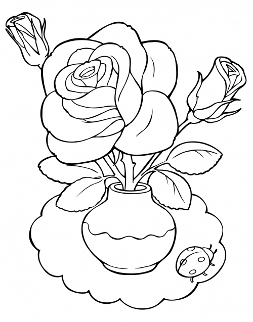 Vase with lush roses coloring page