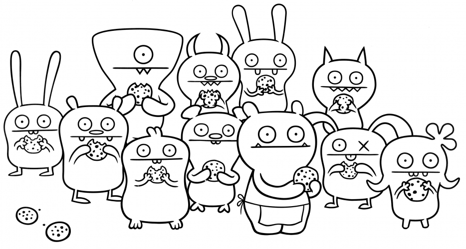 Ugly Dolls are eating cookies coloring page