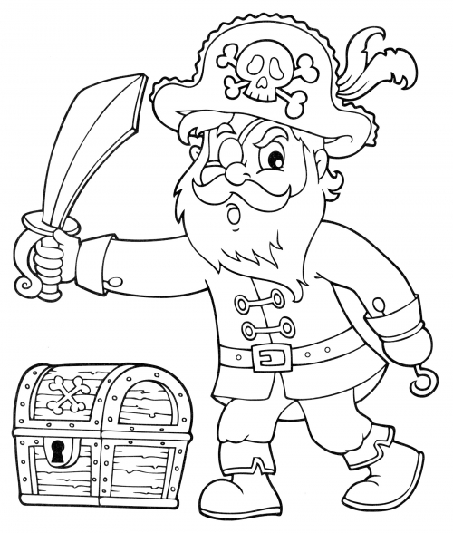 Pirate and chest coloring page