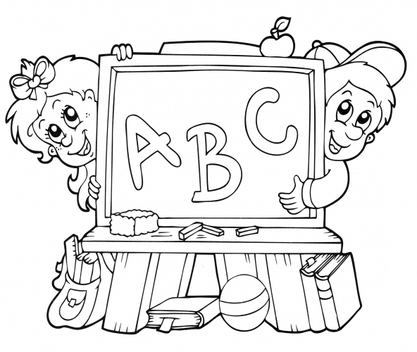 Children peek out from behind the blackboard coloring page