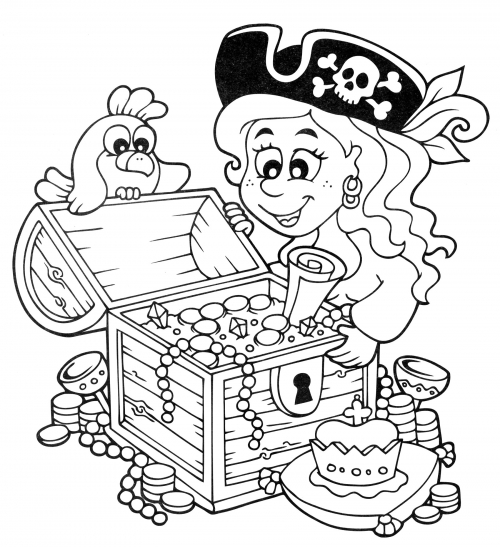 Pirate girl and the treasure coloring page