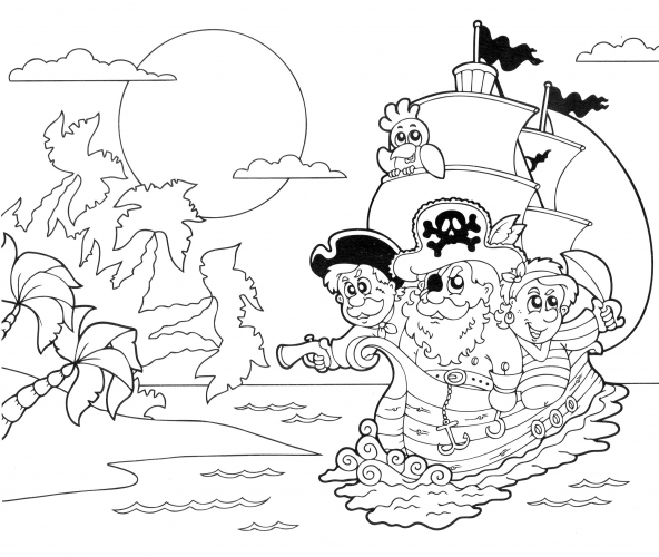 Pirates arrive on the island coloring page