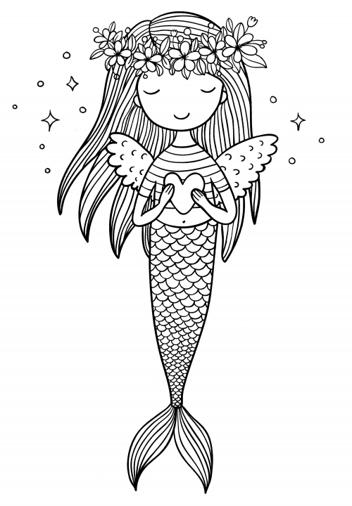 Mermaid with a heart coloring page