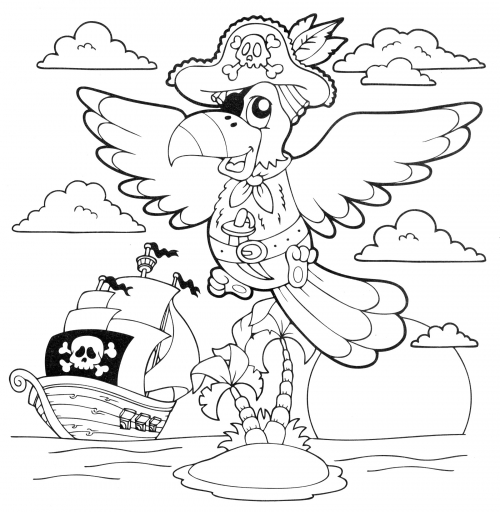 Pirate ship and parrot coloring page