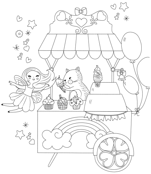 An ice-cream vendor and a fairy coloring page