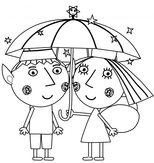 Ben and Holly under the umbrella coloring page