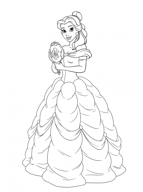 Belle holds up a mirror coloring page