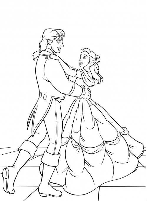 Belle dances with the prince coloring page