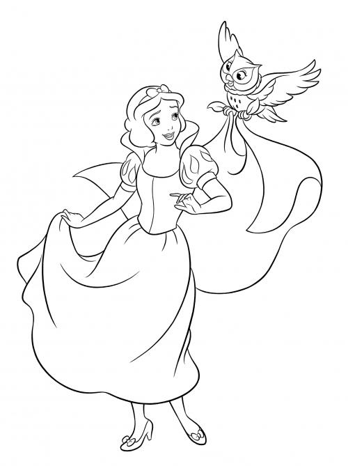 Owl takes Snow White's cloak off coloring page