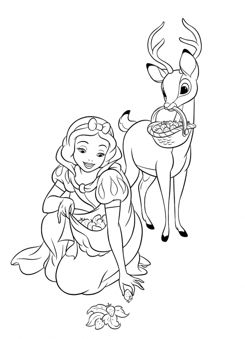 Snow White picks strawberries coloring page