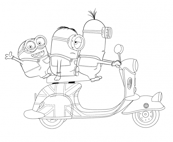 Minions ride a moped coloring page