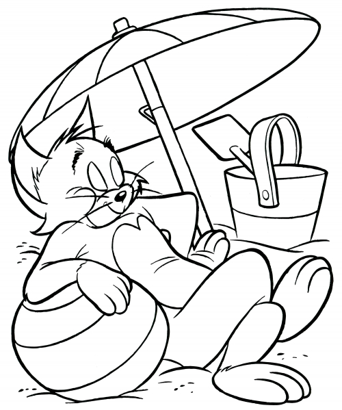 Tom resting under an umbrella coloring page