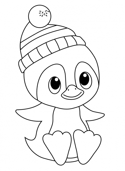 Penguin in a knitted hat coloring page