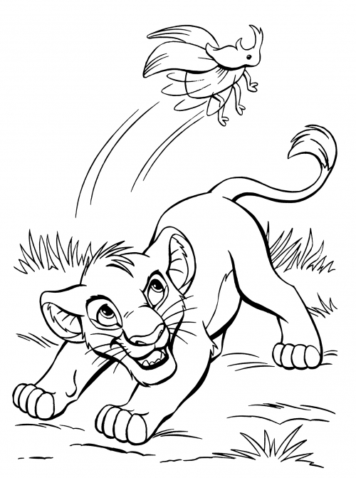 Simba plays with a bug coloring page