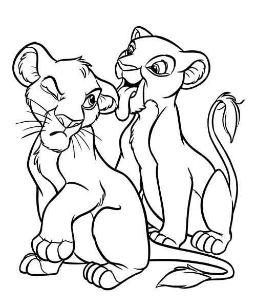 Nala washes Simba coloring page