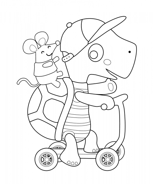 Turtle rides a scooter coloring page
