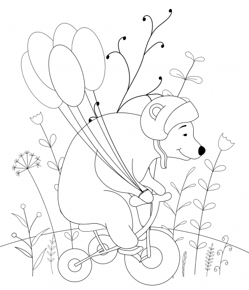 Bear on a bicycle with balloons coloring page