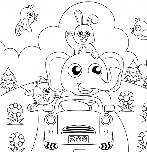 Elephant drives the car coloring page