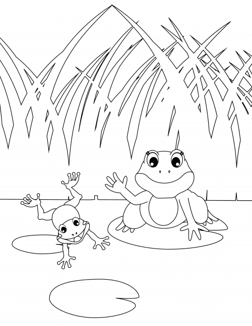 Frog and its mom in the pond coloring page