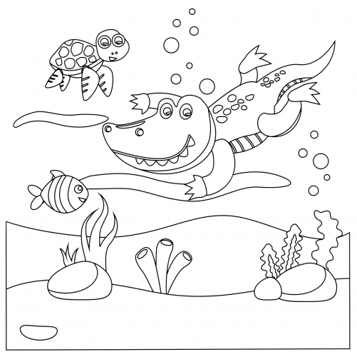 Crocodile and turtle swim coloring page