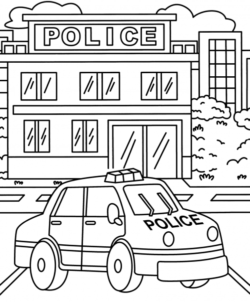 Police car outside the station coloring page