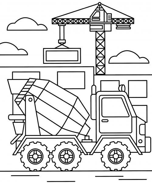 Cement mixer car on a construction site coloring page