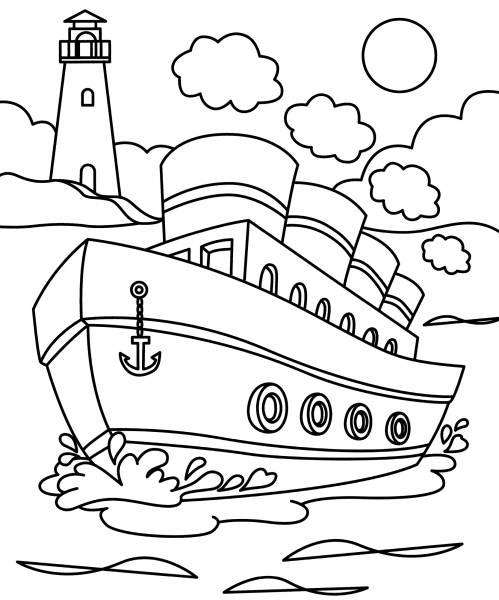 Steamer sails the ocean coloring page
