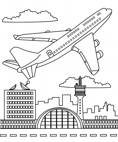Aeroplane flies over the city coloring page